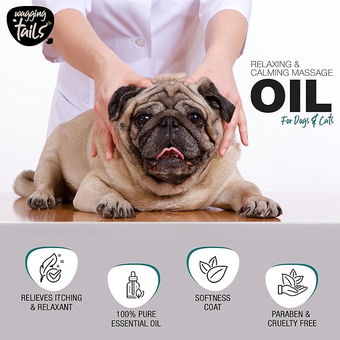 Wagging Tails 4-in-1 Relaxing & Calming Massage Oil for Dogs and Cats, 6.76 fl oz | Natural Grooming Formula | Enhances Coat Shine & Softness, Soothes Itching, Promotes Relaxation