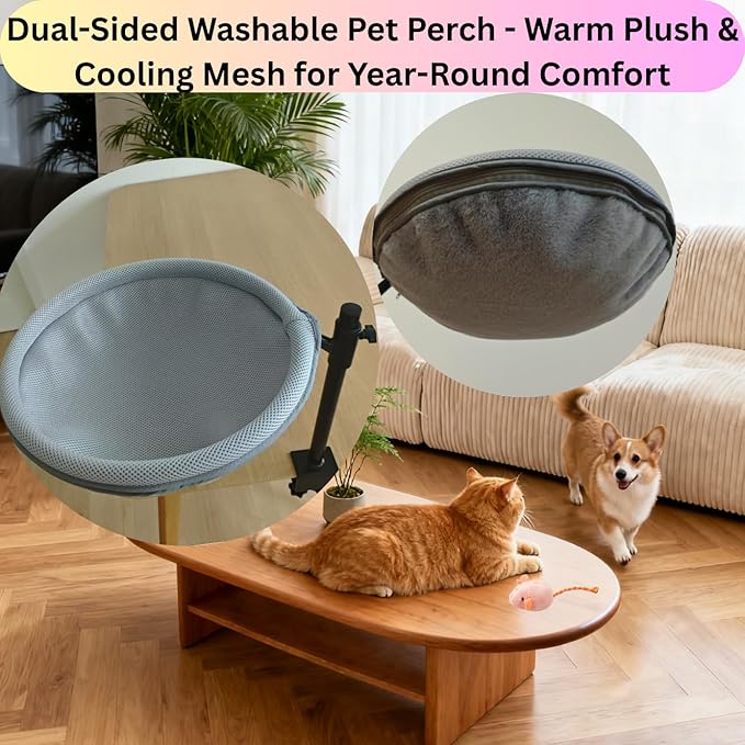 Cat Desk Bed, Adjustable & Rotating 360° Cat Desk Hammock, Dual-Side Elevated Pet Desk Bed w/Toy Mouse for Computer Desks, Island/Coffee Tables, Weight Capacity 33 LBS