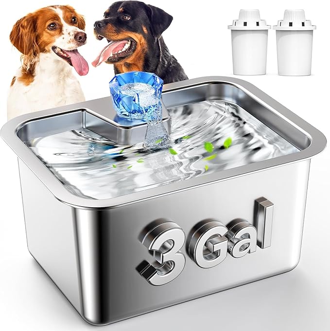 Dog Water Fountain for Large Dogs, Stainless Steel 3 Gallon Extra Big Pet Fountains, Dog Water Bowl Filter Automatic Dog Bowl Dispenser, Drinking Bowls for Multi Pets, Easy to Clean, Quiet Pump