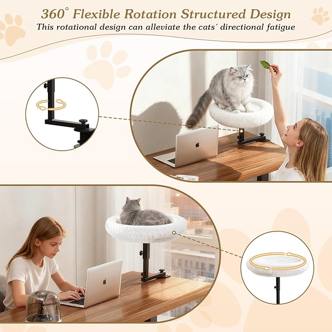 VERIFOST Adjustable Cat Desk Bed, 360° Rotatable Elevated Desk Cat Bed for Home Office, Space-Saving Design Table Supports Up to 60 lbs, Soft Faux Fur Bed with Removable Washable Cover (Beige)
