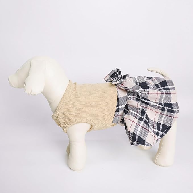 PUPTECK Classic Plaid Dog Dress Pet Apparel with Cute Bowtie Puppy Clothes Outfit,Cream,L