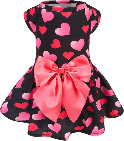 PUPTECK Print Dog Spring Dress Pet Costumes Apparel with Cute Bowtie Puppy Clothes Outfit, Heart, L