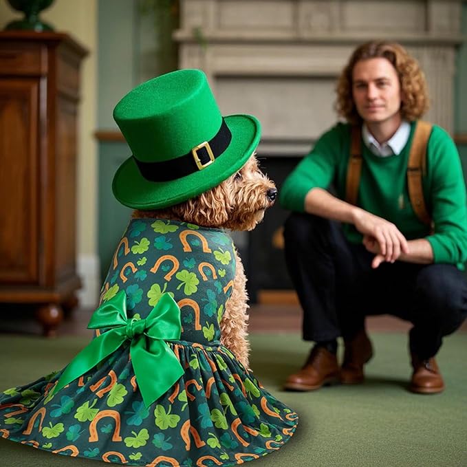 St. Patrick's Day Dog Costume Dress S, Green Shamrock and Horseshoe Print with Satin Bow, Pet Outfit for 6-7 lbs Dogs and Cats, Festive Holiday Apparel