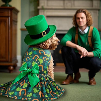St. Patrick's Day Dog Costume Dress M – Lucky Clover and Horseshoe Design with Green Bow, Pet Outfit for 8-9 lbs Dogs and Cats, Holiday Party Clothes