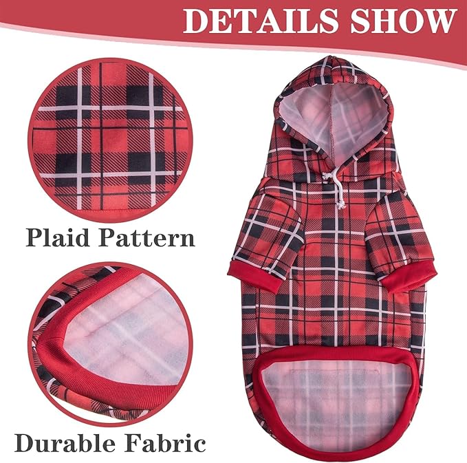 EXPAWLORER Plaid Dog Hoodie - British Style Warm Dog Sweater Shirt with Leash Hole,Pitbull Clothes Outfits,Winter Coat Apparel for All Breeds Puppy Girl Boy-Cat Apparel,Red X-Large