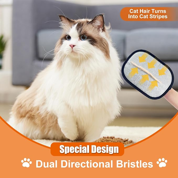 Pet Hair Removal Glove for Cat Dog Hair, Electrostatic Reusable | Bidirectional brush fibers for short & long hair. For couch, carpet, car seat, clothing, pet bed. Washable.