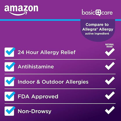 Amazon Basic Care All Day Indoor and Outdoor Allergy Relief, Fexofenadine Hydrochloride Geltabs, 180 mg, Antihistamine, Non-Drowsy, 24-Hour Relief for Sneezing, Runny Nose, Itchy Eyes, 60 Count