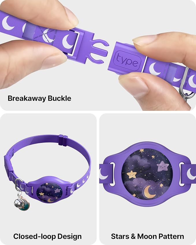 typecase Reflective Breakaway Cat Collar with AirTag Holder, Purple & White | Purple Reflective Breakaway Cat Collar With Bell And Silicone AirTag Holder; Adjustable 8-12 In; AirTag Not Included