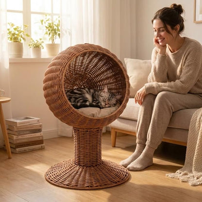 Elevated Cat Basket Bed, Cat Bed with Removable Cushion, Breathable Wicker Pet Bed for Indoor Cats, cat Litter Box Raised Design for Air cat Litter Boxes Circulation, Durable Handw