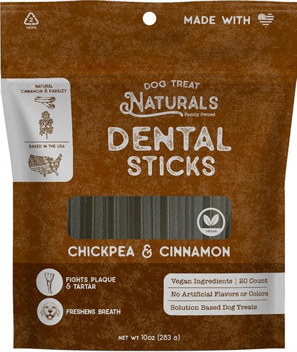 Dog Treat Naturals Chickpea & Cinnamon Dental Sticks 10oz, 20ct | Dog Dental Chew Treats for Small, Medium, Large Dogs | Freshen Breath, Fight Plaque-Tartar | Natural Teeth Cleaning Treats | USA Made