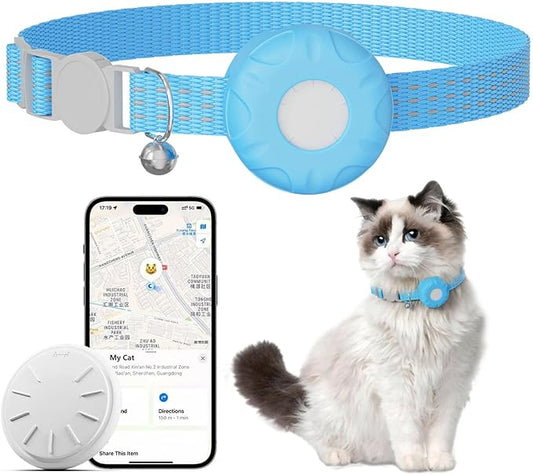 Cat Tracker,No Monthly Fee GPS Trackers for Cats Work with Apple Find My App(iOS Only),Real-Time Location Tracking,Cat Tracker GPS Collar with Safety Elastic Buckle-Blue