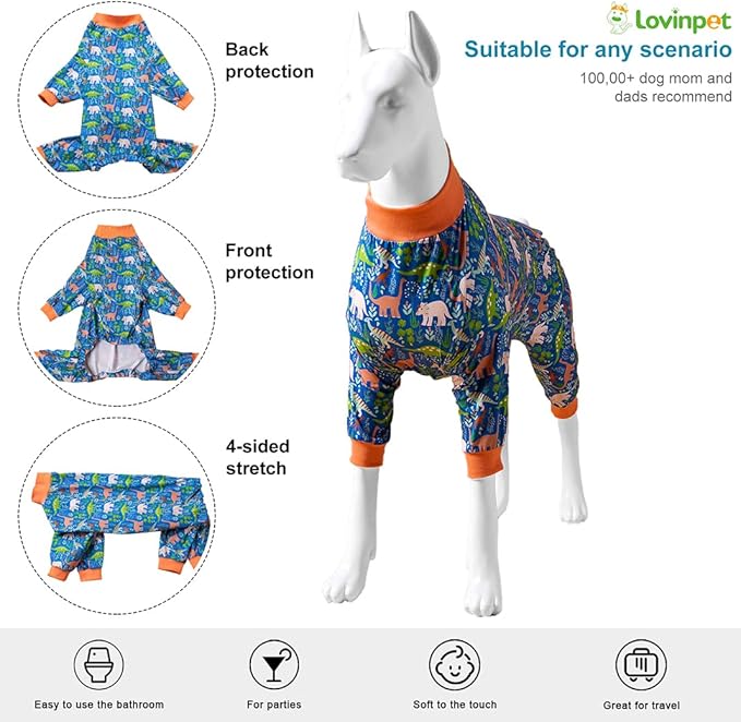 LovinPet Large Breed Dog Clothes Pajamas, Wound Care/Post Surgery Full Coverage Shirt, Dinosaur Land Blue Print, Lightweight Stretchy Knit Pullover Dog Onesie, Pet Pajamas for Dogs, Pet PJ's, 2XL