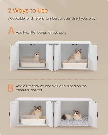 Feandrea Double Cat Litter Box Enclosure, Modern Litter Box Furniture Hidden for 2 Cats, Front Entry, Cat House, Side End Table, TV Stand, 59 x 19 x 19.5 Inches, Cloud White UPCL010W01