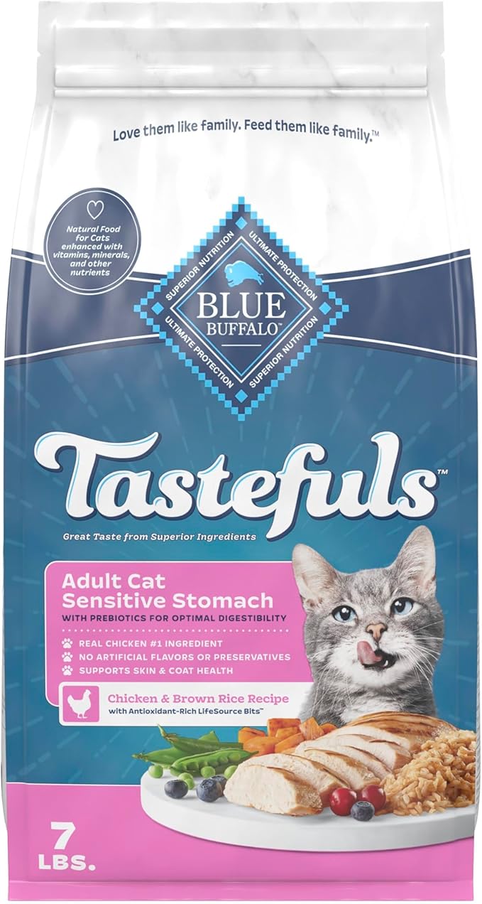 Blue Buffalo Tastefuls Adult Dry Cat Food Sensitive Stomach Formula, Made in the USA with Natural Ingredients, Chicken Recipe, 7-lb. Bag