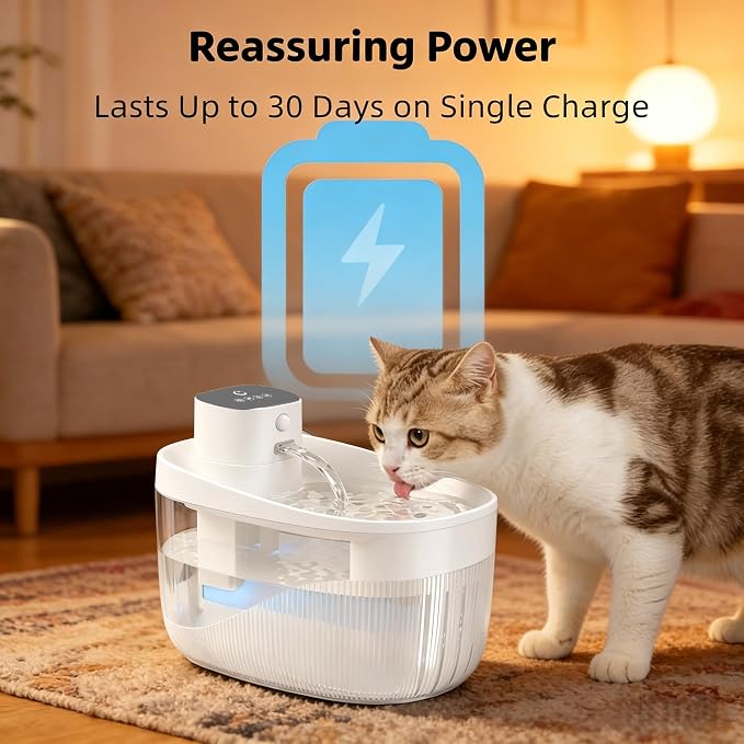 74oz/2.2L Cordless Cat Water Fountain, 5000mAh Battery Operated | 3 Smart Modes, with Motion Sensor, Ultra-Quiet, Pet Drinking Dispenser with LED Light, Wireless Fountain for Cats, Dogs