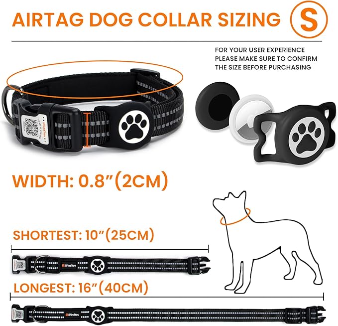 AirTag Dog Collar for Small Dogs, IP68 Waterproof Air Tag Dog Collar with Apple AirTag Holder, Reflective, Padded Lining, QR Code Personalized Dog Tags(Black, Small)