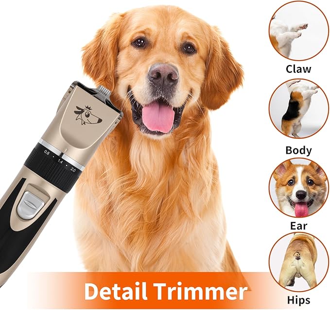 Aovdy Dog Clippers Grooming Kit, Low Noise with Rechargeable, Pet Shaver Cordless Electric Quiet Hair Thick Coats Clippers Trimmers Set for Dogs Cats Rabbit Pets (Gold)