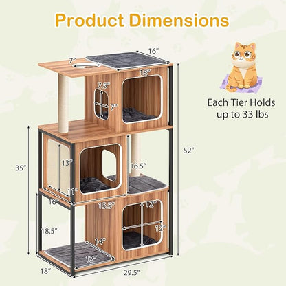 PETSITE 52-inch Wood Cat Tree for Indoor Cats, Multi-Level Solid Metal Framed Wooden Cat Tower with Sisal Scratching Posts and Pad, 3 Condos, and Top Platform with Cat Hole