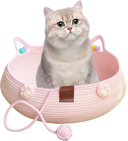 Woven Cat Bed Basket with Ears, Pink Cotton Rope Pet Bed for Indoor Cats, Small Dogs & Rabbits - Cute Basket with Pom Poms & Toy Ball (15.75x5.51 Inch)