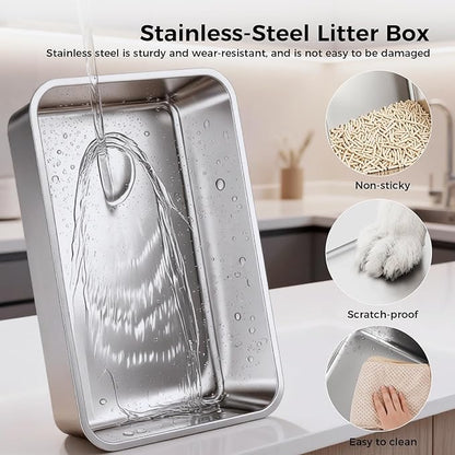 GTPLAYER XL Stainless Steel Cat Litter Box for Big & Multiple Cats, Easy Clean Odor-Resistant Design, High Sided Leak-Proof Litter Box with Mat & Scoop – Dark Grey