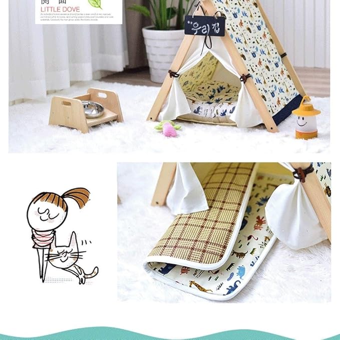Pet beds, Pet Bed Tent Wooden Dog House Pet Bed Cat Bed Yurt Washable Kennel Cat Litter Small(60x55x65cm)