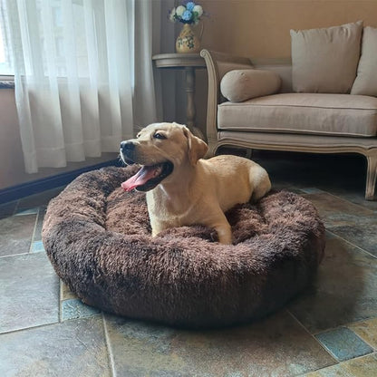 Coohom Oval Calming Donut Cuddler Dog Bed,Shag Faux Fur Cat Bed Washable Round Pillow Pet Bed(30"/36") for Small Medium Dogs (XXL(43"x34"x8"), Brown2021)