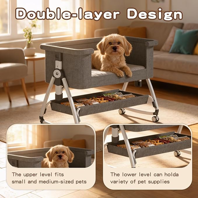 Bedside Dog Bed, Cosleeper Pet Dog Bed with Removable Washable Cushion Adjustable Height, Extension for Human Bed for Small & Medium Puppy & Cat