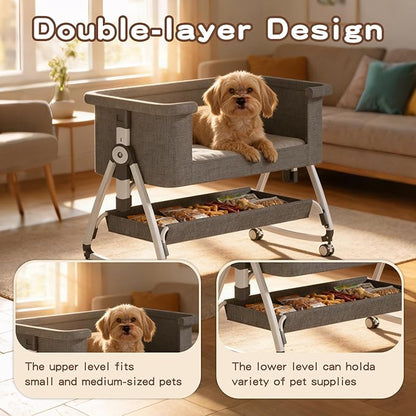 Bedside Dog Bed, Cosleeper Pet Dog Bed with Removable Washable Cushion Adjustable Height, Extension for Human Bed for Small & Medium Puppy & Cat