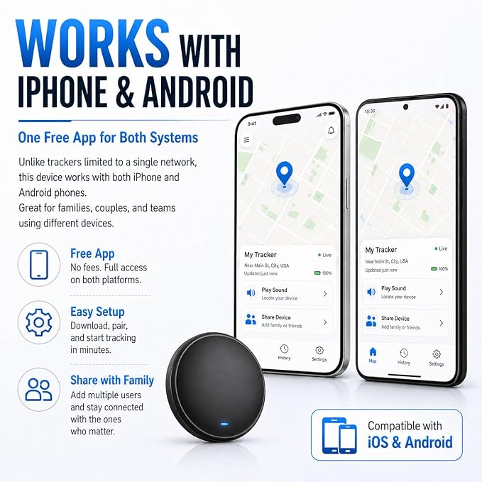 GPS Tracker for Vehicles - Hidden Car Tracker Device with Real-Time Location, No Subscription, Magnetic Mini GPS Tracker for Car, Bike, Luggage, Suitable for Phone and Android - Black