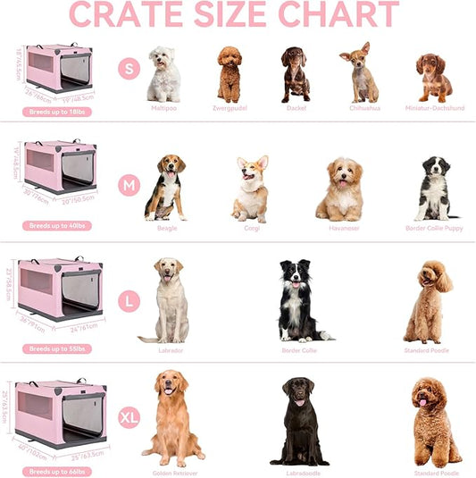 PETSFIT 36" Soft Portable Dog Crate – Patented Spiral Sturdy Frame, Collapsible Travel Kennel for Medium & Large Dogs, 3 Mesh Door, Lockable Zippers, Indoor & Car Use Pink