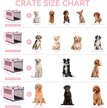 PETSFIT 26" Soft Portable Dog Crate – Patented Spiral Sturdy Frame, Collapsible Travel Kennel for Small Dogs, 3 Mesh Door, Lockable Zippers, Indoor & Car Use Pink
