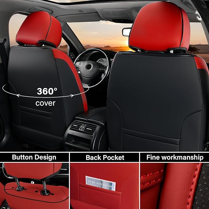 Coverado Seat Covers Full Set, 5 Seats Car Seat Protector, Seat Covers for Cars, Breathable Faux Leather Car Seat Cushion, Seat Cover Universal fit for Most Cars Trucks, Red