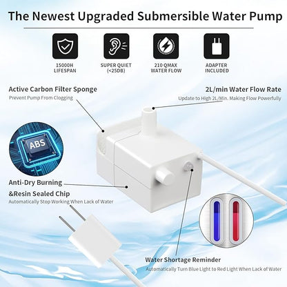 SIBAYS Replacement Pump for 10.5L/355oz/2.8Gal Large Pet Water Fountain(FS70), Ultra Quiet Dog Water Fountain Pump with LED Shortage Reminder P07