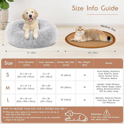 Calming Donut Dog Bed Medium Size Removable Cover + 2 PCS Cooling Rattan Pet Mat, Fluffy Comfort Anti-Anxiety Washable Round Pets Bed with Double-Sided Cool Pad for Medium Dogs/Cat, 31" Gray