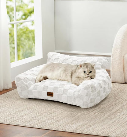 Made4Pets Cat and Dog Indoor Couch Bed, Soft Faux Fur Checkered Pet Sofa, Cozy Fluffy Pet Sofa with Supportive Foam, Removable Washable Cover with Non-Slip Base, White, Medium