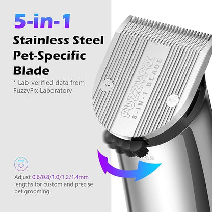 Professional Dog Grooming Clippers with Charging Dock, 5-in-1 Adjustable Blade Cordless Pet Grooming Kit 5 Speed Rechargeable Trimmer Hair Shaver with Detachable Metal Guide Combs for Animal