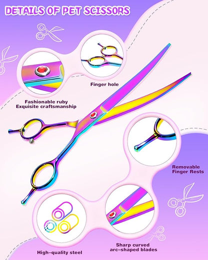 7.3" Dog Grooming Scissor - Professional Down-curved Shear with Ergonomic Handle Stainless Steel Hair Shears for Dogs, Cats and Other Pets - Pet Hair Trimming Scissor(Curved, Iridescent)