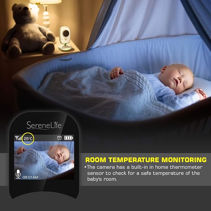 SereneLife USA Video Baby Monitor - Upgraded 850’ Wireless Long Range Camera, Night Vision, Temperature Monitoring and Portable 2” Color Screen with Clip - SLBCAM10.5, Green