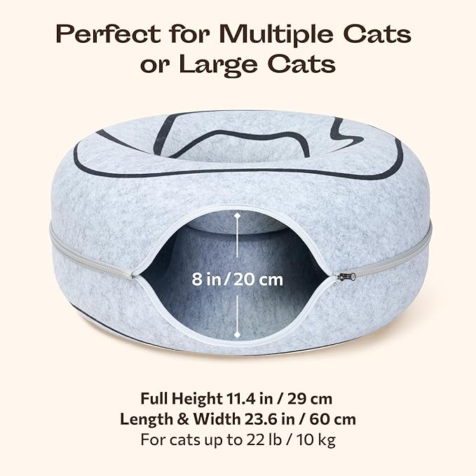 Meowfia Hideout Peekaboo Cat Cave – Donut Tunnel Bed Enclosure for Indoor Cats – Multi-Cat Hideaway in Cute Patterns (Dark Grey)