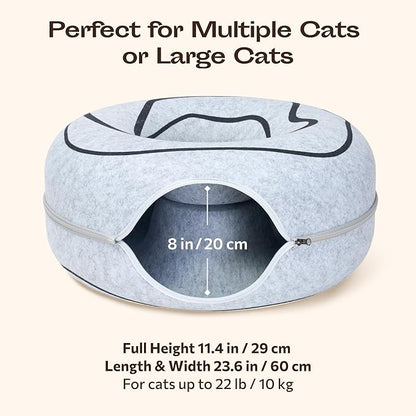 Meowfia Hideout Peekaboo Cat Cave – Donut Tunnel Bed Enclosure for Indoor Cats – Multi-Cat Hideaway in Cute Patterns (Dark Grey)