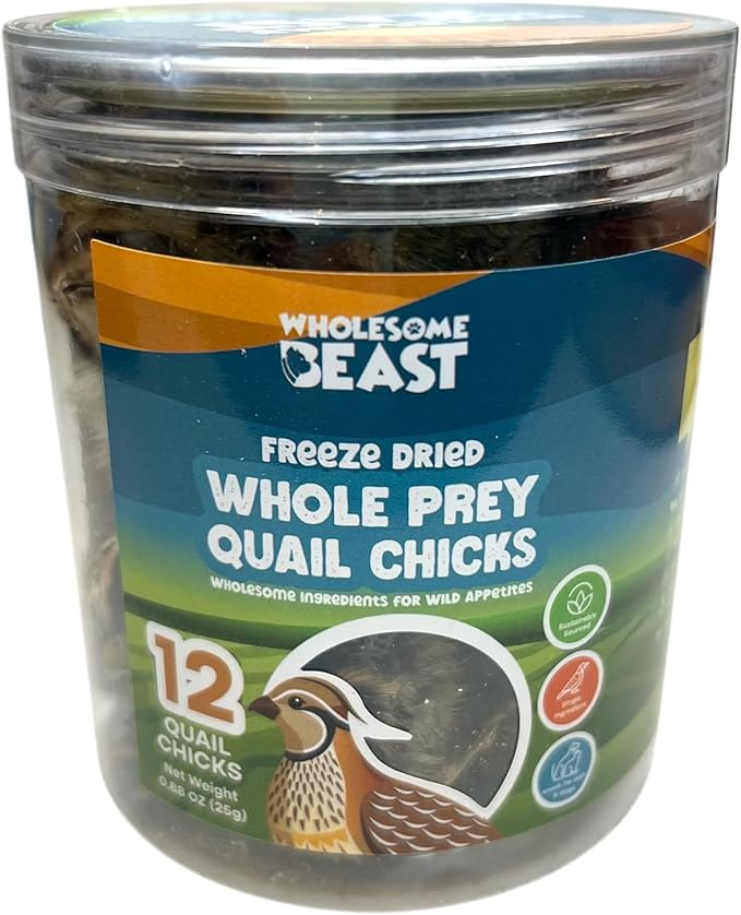 Freeze Dried Whole Prey Quail Chicks for Cats, Dogs, & Ferrets- Whole Feathered Quail Treats for Dogs- Single Ingredient- 12 Count