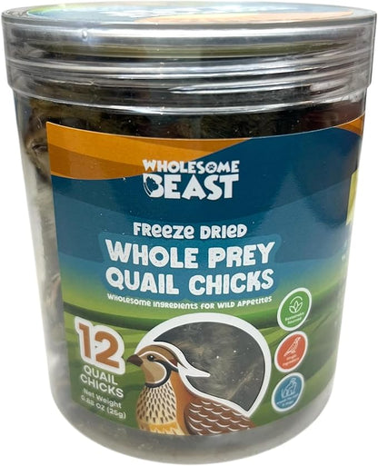 Freeze Dried Whole Prey Quail Chicks for Cats, Dogs, & Ferrets- Whole Feathered Quail Treats for Dogs- Single Ingredient- 12 Count