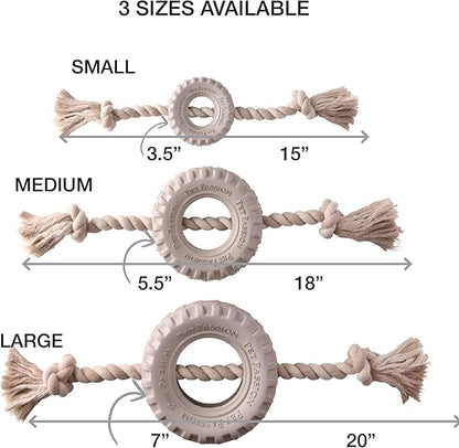Pet Passion Natural Rubber Tire and Organic Cotton Rope Pull and Chew Dog Toy for All Pet Breeds, Almond Milk, Small