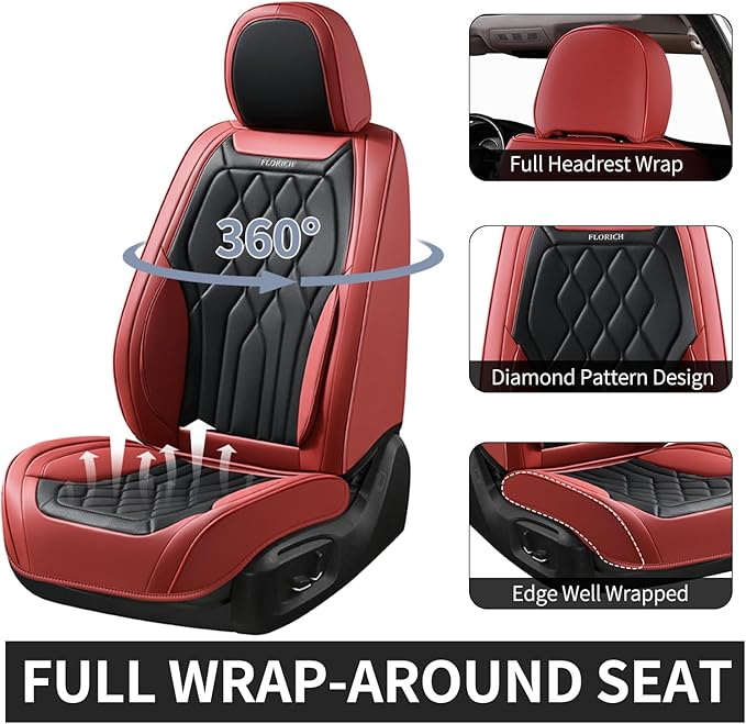 FLORICH Automotive Seat Covers Full Set, Leather Car Seat Protector, Waterproof Seat Covers for Cars, Black and Red Seat Protector Universal Fit Most Vehicles (Red&Black)