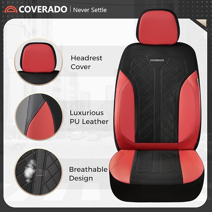 Coverado Car Seat Covers for Front Seats, Waterproof Automotive Seat Protectors 2-Pack, Leather & Mesh Driver Protectors Universal Fit for SUVs, Trucks, Sedans