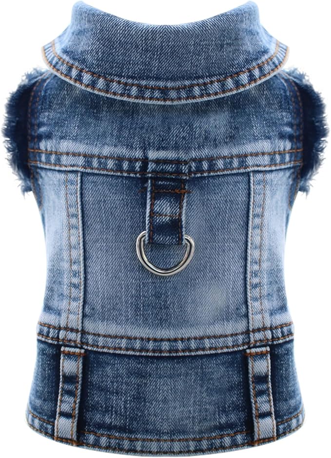 Cool Dog Jean Jacket Vest with D-Ring Blue Denim Dogs Outfits for Small Medium Dogs Cats Boy Male Dog Clothes Costume Dogggie Puppy Harness Coat for Frenchie Walking(Blue with D-Ring,XS)