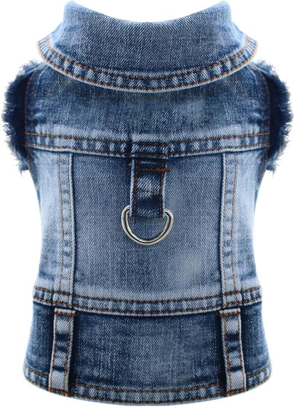 Cool Dog Jean Jacket Vest with D-Ring Blue Denim Dogs Outfits for Small Medium Dogs Cats Boy Male Dog Clothes Costume Dogggie Puppy Harness Coat for Frenchie Walking(Blue with D-Ring,XS)