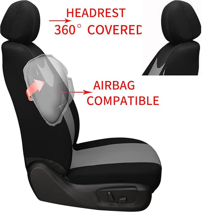 Universal Car Seat Covers for Front Seats, Cloth Front Car Seat Cover, Easy to Install, Breathable and Washable Universal Interior Covers for Auto, SUV, Sedan, Van, Airbag Compatible, Black & Grey