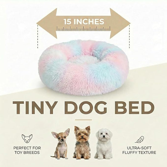Tiny Dog Bed 15 Inch for Extra Small Dogs,Washable Puppy Bed,Soft Faux Fur Calming Donut Bed for Chihuahua Yorkie Maltese Pomeranian,Rainbow