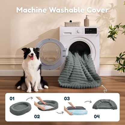 ChiXnuggle Dog Bed Large Sized Dog - Luxury Striped Faux Fur Waterproof Pet Couch with Removable Washable Cover, Orthopedic Pet Bed with Bolster Sides for Sleeping, Grey